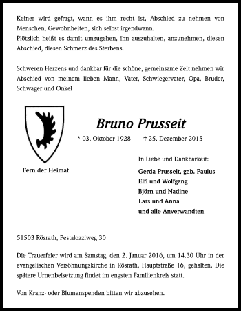 Anzeige von Bruno Prusseit von Kölner Stadt-Anzeiger / Kölnische Rundschau / Express