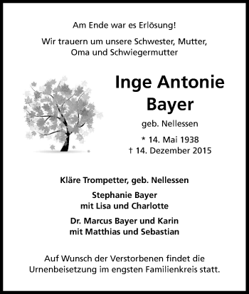 Anzeige von Inge Antonie Bayer von Kölner Stadt-Anzeiger / Kölnische Rundschau / Express