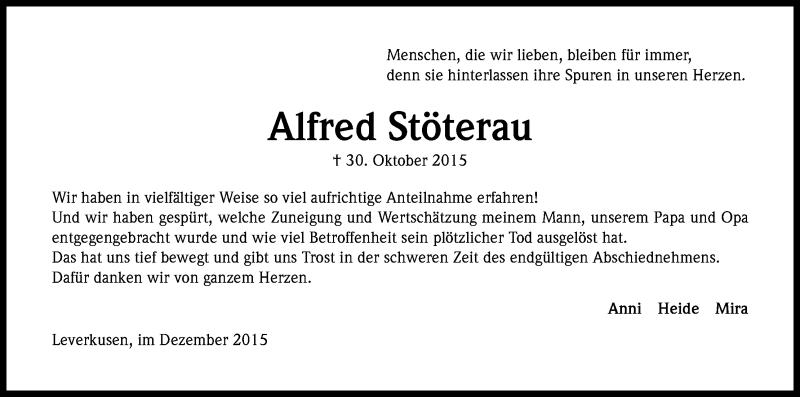  Traueranzeige für Alfred Stöterau vom 19.12.2015 aus Kölner Stadt-Anzeiger / Kölnische Rundschau / Express
