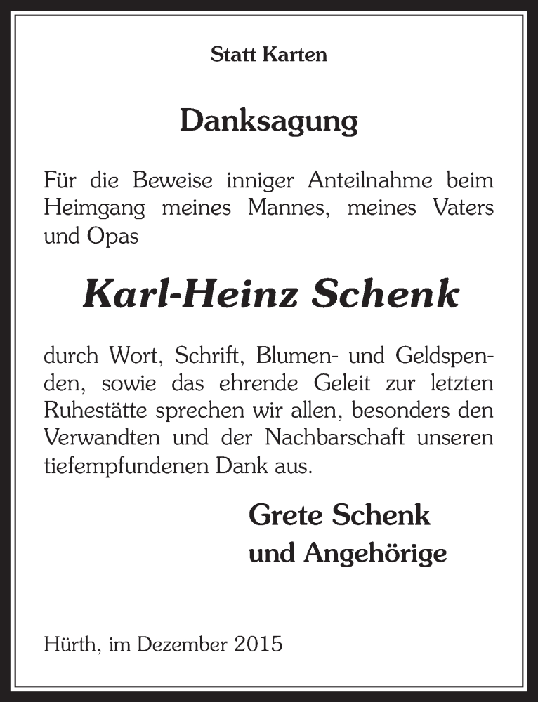  Traueranzeige für Karl-Heinz Schenk vom 30.12.2015 aus  Wochenende 