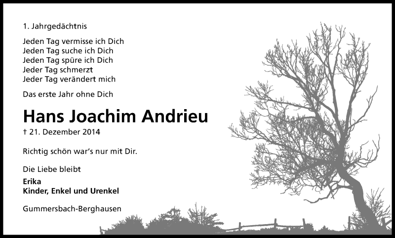  Traueranzeige für Hans Joachim Andrieu vom 19.12.2015 aus Kölner Stadt-Anzeiger / Kölnische Rundschau / Express