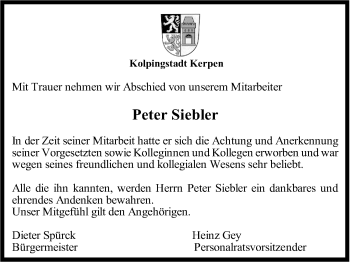 Anzeige von Peter Siebler von Kölner Stadt-Anzeiger / Kölnische Rundschau / Express