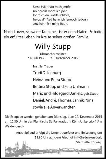Anzeige von Willy Stupp von Kölner Stadt-Anzeiger / Kölnische Rundschau / Express