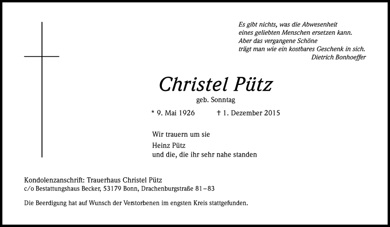  Traueranzeige für Christel Pütz vom 23.12.2015 aus Kölner Stadt-Anzeiger / Kölnische Rundschau / Express