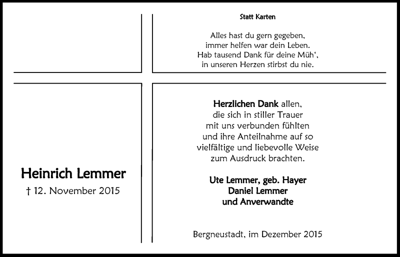  Traueranzeige für Heinrich Lemmer vom 23.12.2015 aus  Anzeigen Echo 