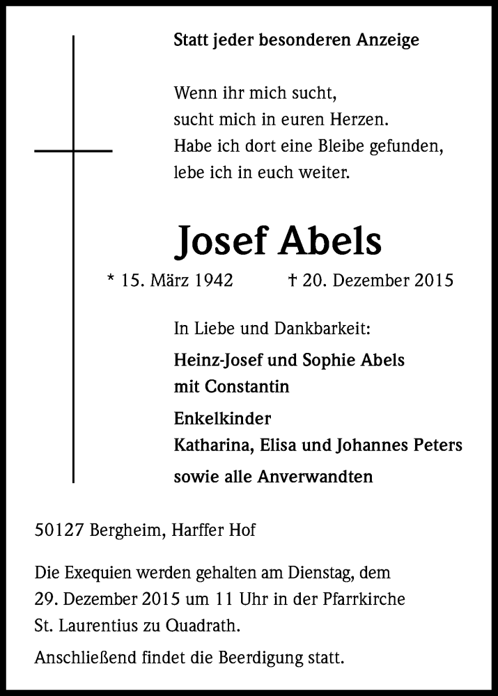  Traueranzeige für Josef Abels vom 24.12.2015 aus Kölner Stadt-Anzeiger / Kölnische Rundschau / Express