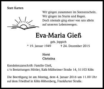 Anzeige von Eva-Maria Gieß von Kölner Stadt-Anzeiger / Kölnische Rundschau / Express
