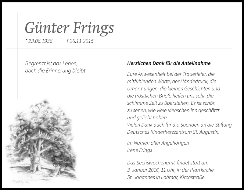  Traueranzeige für Günter Frings vom 30.12.2015 aus Kölner Stadt-Anzeiger / Kölnische Rundschau / Express