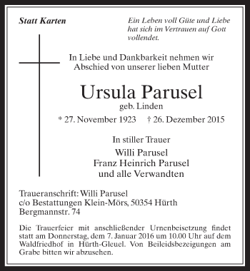 Anzeige von Ursula Parusel von  Wochenende 