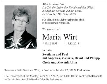Anzeige von Maria Wirt von  Blickpunkt Euskirchen 