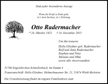 Anzeige von Otto Radermacher von Kölner Stadt-Anzeiger / Kölnische Rundschau / Express