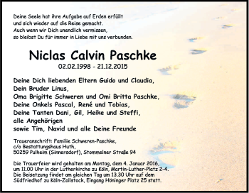 Anzeige von Niclas Calvin Paschke von Kölner Stadt-Anzeiger / Kölnische Rundschau / Express