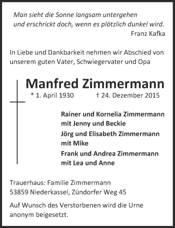 Anzeige von Manfred Zimmermann von  Kölner Wochenspiegel 
