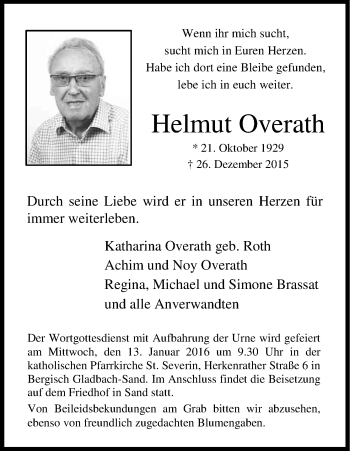 Anzeige von Helmut Overath von Kölner Stadt-Anzeiger / Kölnische Rundschau / Express