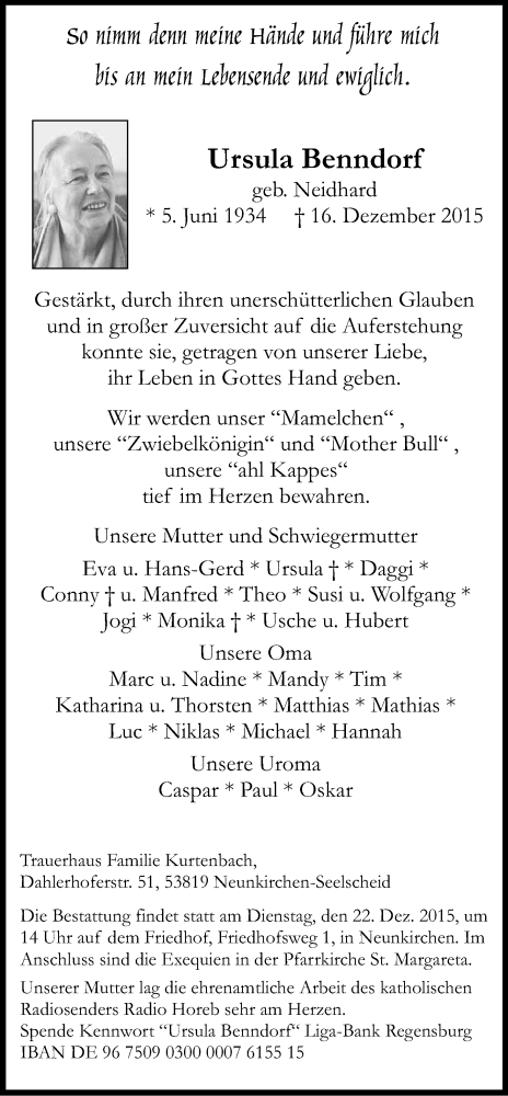  Traueranzeige für Ursula Benndorf vom 19.12.2015 aus Kölner Stadt-Anzeiger / Kölnische Rundschau / Express