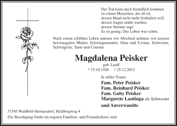 Anzeige von Magdalena Peisker von  Lokalanzeiger 
