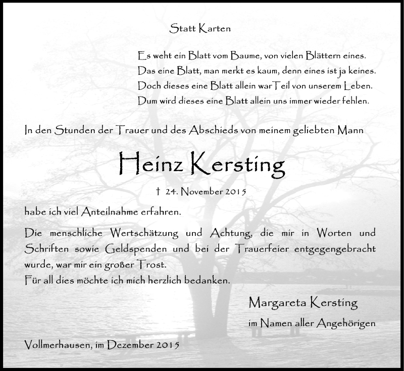  Traueranzeige für Heinz Kersting vom 22.12.2015 aus Kölner Stadt-Anzeiger / Kölnische Rundschau / Express