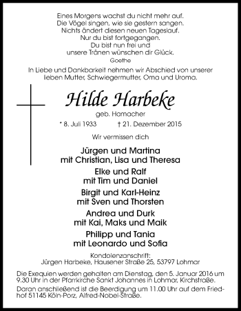 Anzeige von Hilde Harbeke von Kölner Stadt-Anzeiger / Kölnische Rundschau / Express