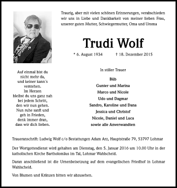 Anzeige von Trudi Wolf von Kölner Stadt-Anzeiger / Kölnische Rundschau / Express