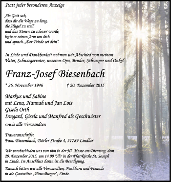 Anzeige von Franz-Josef Biesenbach von Kölner Stadt-Anzeiger / Kölnische Rundschau / Express