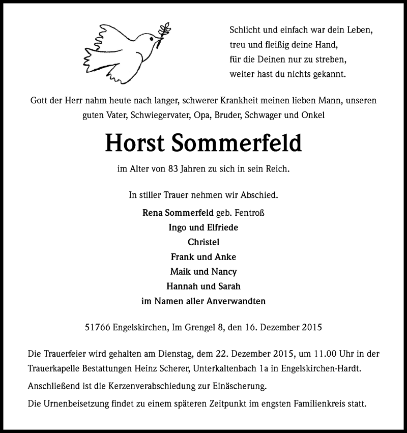  Traueranzeige für Horst Sommerfeld vom 19.12.2015 aus Kölner Stadt-Anzeiger / Kölnische Rundschau / Express