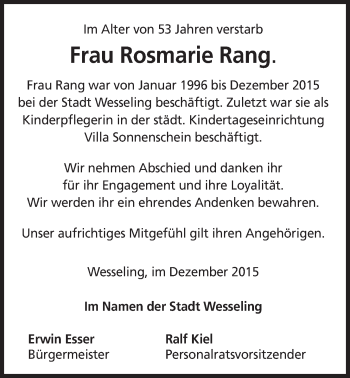 Anzeige von Rosmarie Rang von  Schlossbote/Werbekurier 