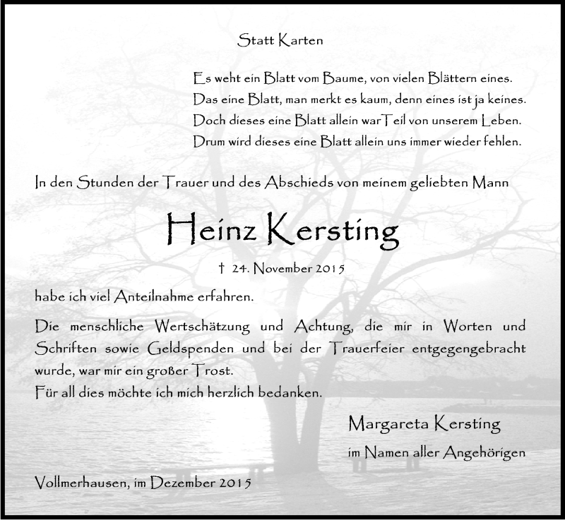  Traueranzeige für Heinz Kersting vom 23.12.2015 aus Kölner Stadt-Anzeiger / Kölnische Rundschau / Express