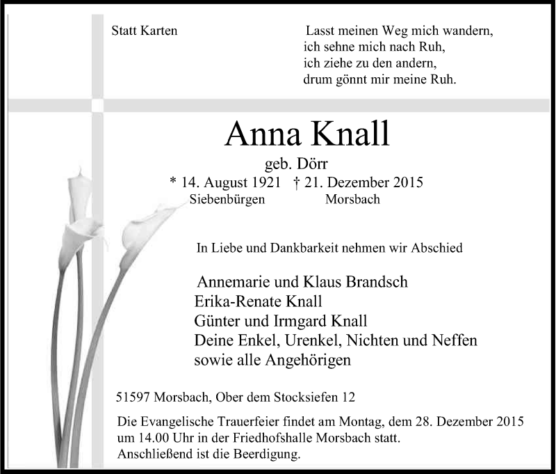  Traueranzeige für Anna Knall vom 23.12.2015 aus Kölner Stadt-Anzeiger / Kölnische Rundschau / Express