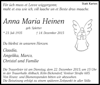Anzeige von Anna Maria Heinen von Kölner Stadt-Anzeiger / Kölnische Rundschau / Express