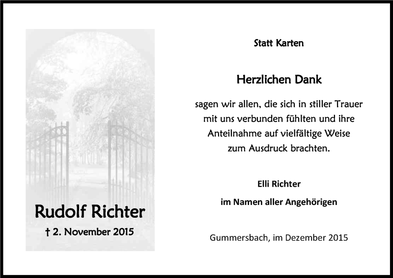  Traueranzeige für Rudolf Richter vom 19.12.2015 aus Kölner Stadt-Anzeiger / Kölnische Rundschau / Express