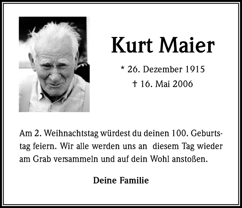  Traueranzeige für Kurt Maier vom 23.12.2015 aus Kölner Stadt-Anzeiger / Kölnische Rundschau / Express