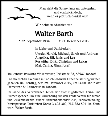 Anzeige von Walter Barth von Kölner Stadt-Anzeiger / Kölnische Rundschau / Express