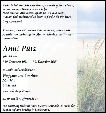 Anzeige von Anni Pütz von Kölner Stadt-Anzeiger / Kölnische Rundschau / Express