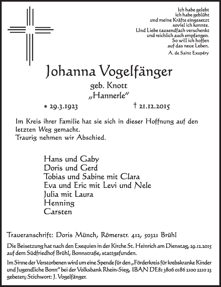  Traueranzeige für Johanna Vogelfänger vom 30.12.2015 aus  Schlossbote/Werbekurier 
