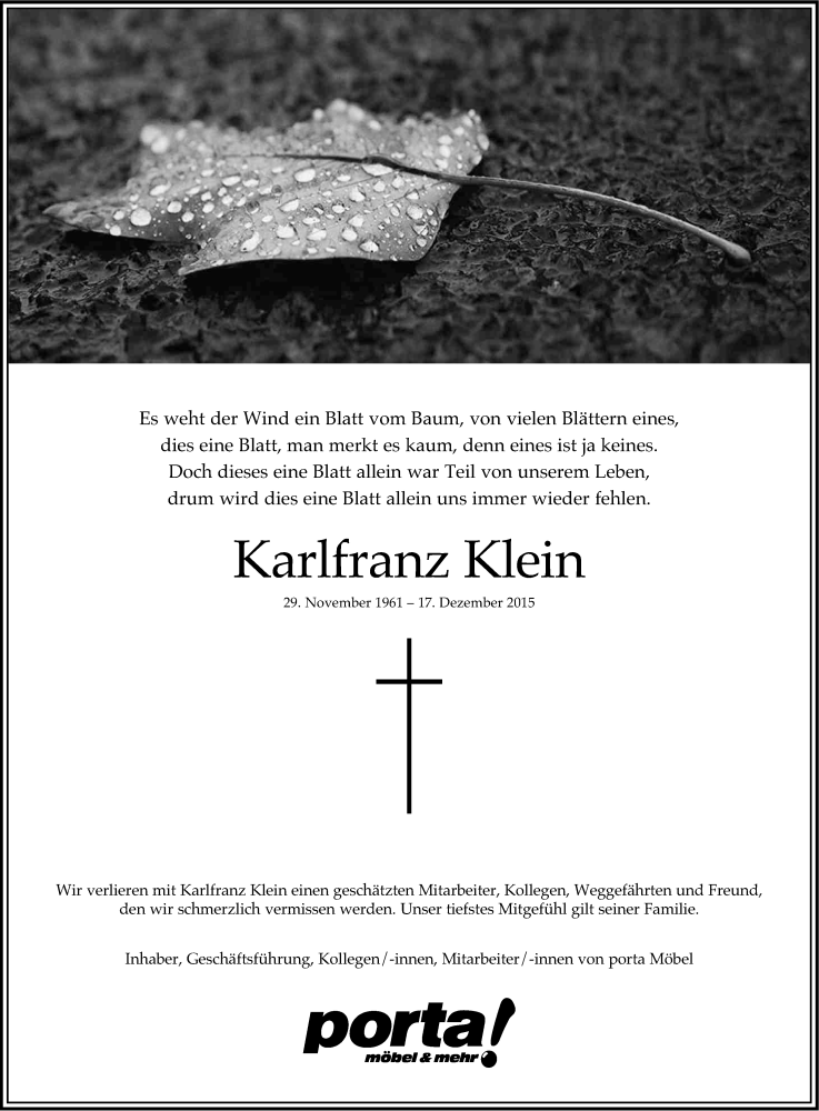  Traueranzeige für Karlfranz Klein vom 29.12.2015 aus Kölner Stadt-Anzeiger / Kölnische Rundschau / Express