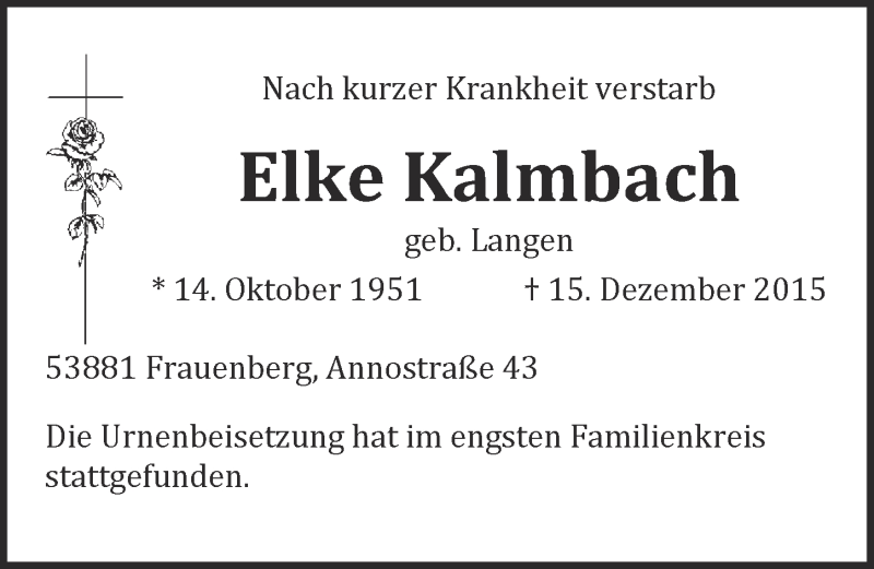  Traueranzeige für Elke Kalmbach vom 27.12.2015 aus  Blickpunkt Euskirchen 