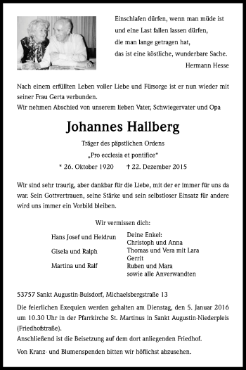 Anzeige von Johannes Hallberg von Kölner Stadt-Anzeiger / Kölnische Rundschau / Express