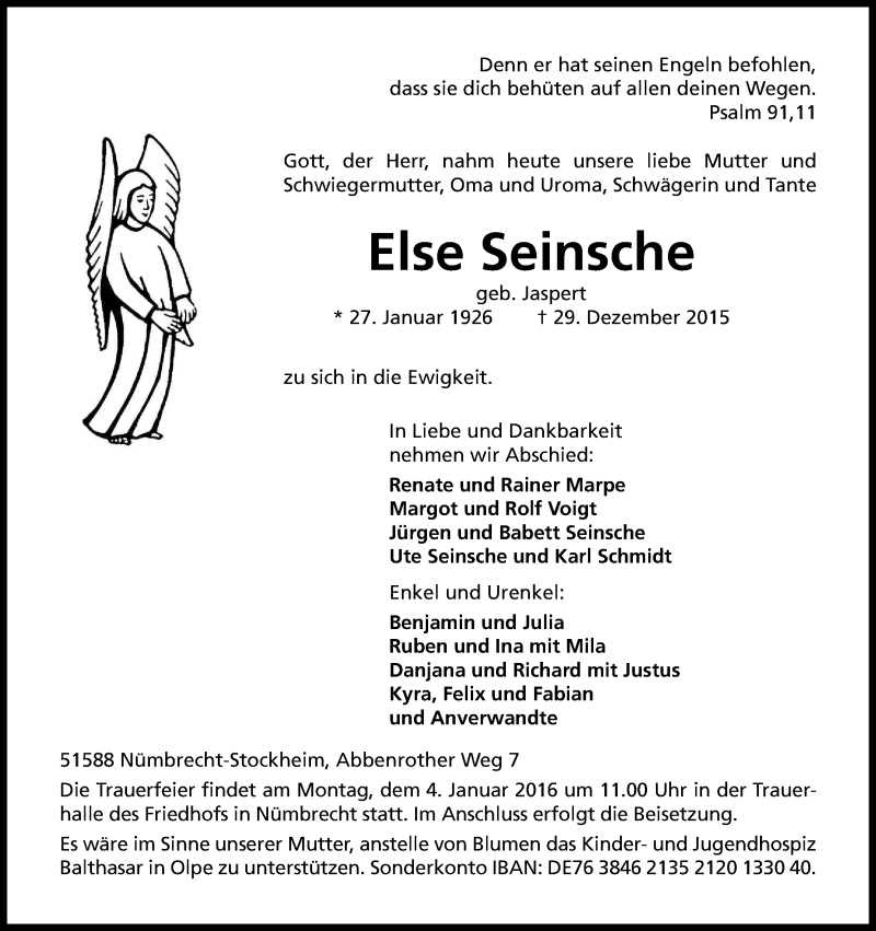  Traueranzeige für Else Seinsche vom 31.12.2015 aus Kölner Stadt-Anzeiger / Kölnische Rundschau / Express