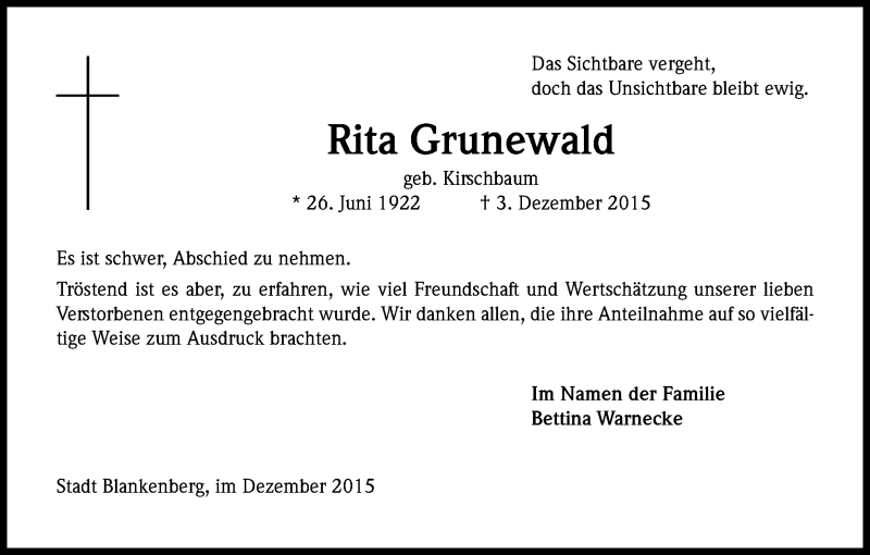  Traueranzeige für Rita Grunewald vom 21.12.2015 aus Kölner Stadt-Anzeiger / Kölnische Rundschau / Express