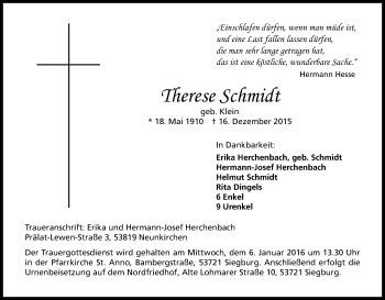 Anzeige von Therese Schmidt von Kölner Stadt-Anzeiger / Kölnische Rundschau / Express