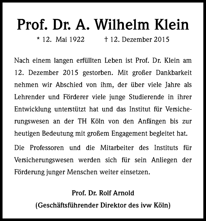  Traueranzeige für Adam Wilhelm Klein vom 19.12.2015 aus Kölner Stadt-Anzeiger / Kölnische Rundschau / Express