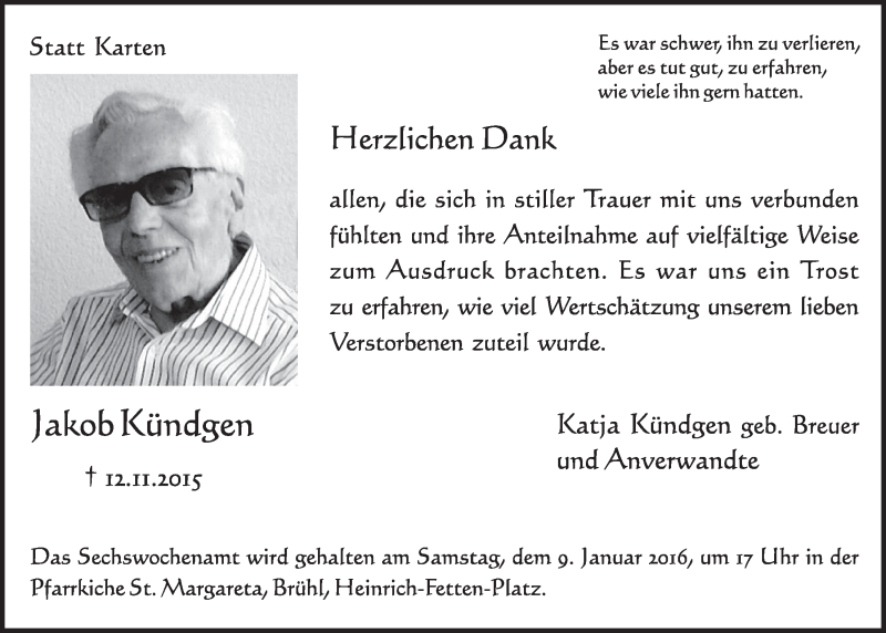  Traueranzeige für Jakob Kündgen vom 30.12.2015 aus  Schlossbote/Werbekurier 