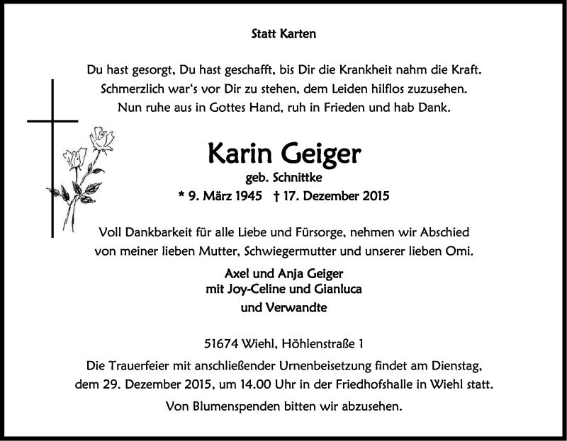  Traueranzeige für Karin Geiger vom 23.12.2015 aus Kölner Stadt-Anzeiger / Kölnische Rundschau / Express