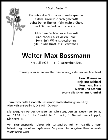 Anzeige von Walter Max Bossmann von Kölner Stadt-Anzeiger / Kölnische Rundschau / Express