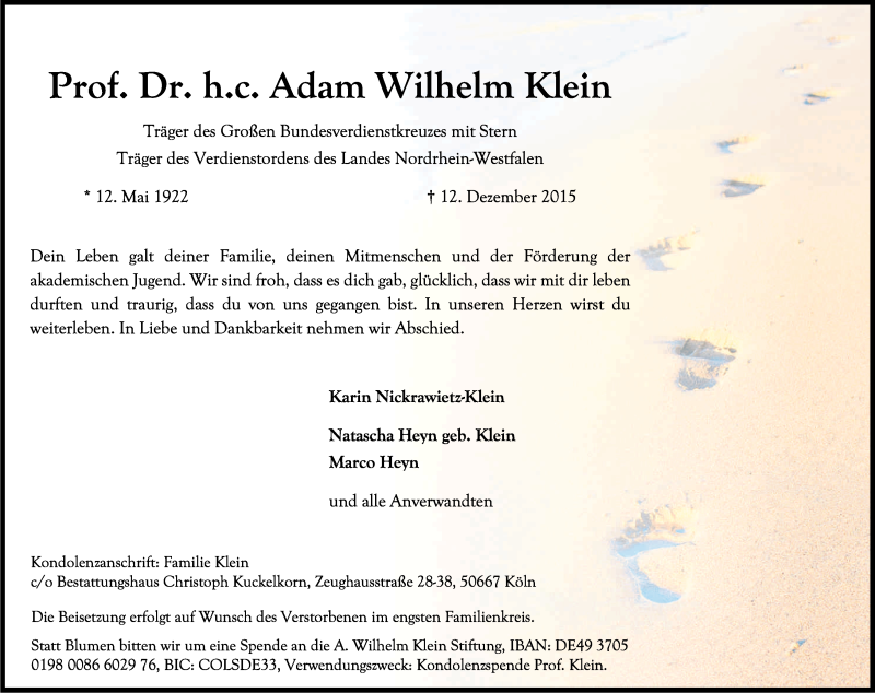  Traueranzeige für Adam Wilhelm Klein vom 19.12.2015 aus Kölner Stadt-Anzeiger / Kölnische Rundschau / Express