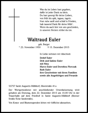 Anzeige von Waltraud Euler von Kölner Stadt-Anzeiger / Kölnische Rundschau / Express