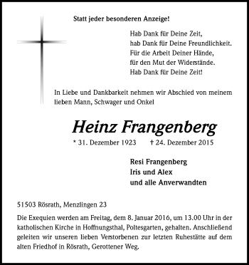 Anzeige von Heinz Frangenberg von Kölner Stadt-Anzeiger / Kölnische Rundschau / Express