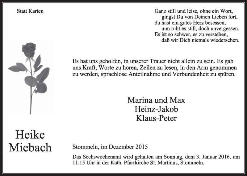  Traueranzeige für Heike Miebach vom 19.12.2015 aus  Sonntags-Post 