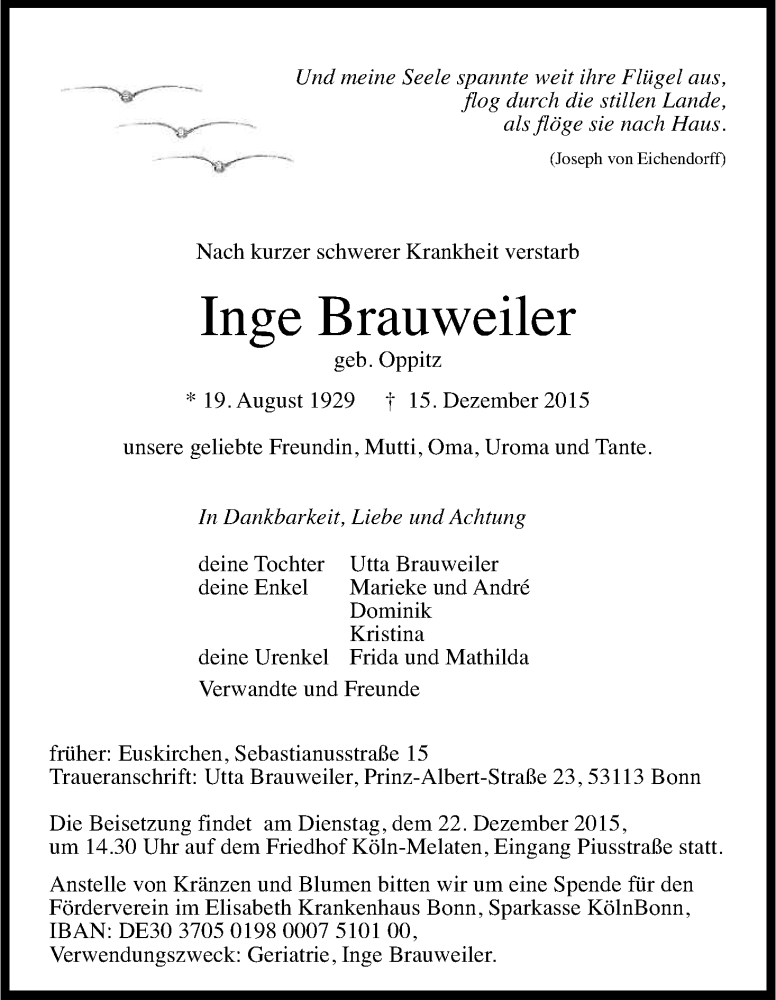  Traueranzeige für Inge Brauweiler vom 19.12.2015 aus Kölner Stadt-Anzeiger / Kölnische Rundschau / Express