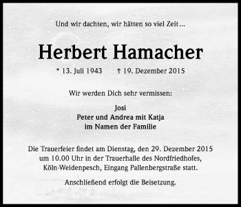 Anzeige von Herbert Hamacher von Kölner Stadt-Anzeiger / Kölnische Rundschau / Express